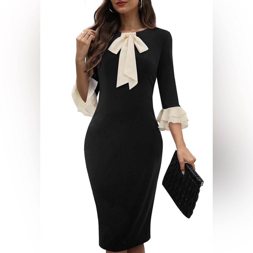 Elegant Long Sleeve Black Dress with Cream Accents